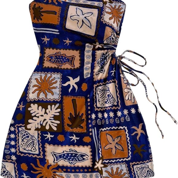 Dresses & Skirts - Women's Summer Mini Dress Tropical Strapless Drawstring Boho Beach Casual